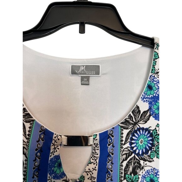 JM Collection Womens Keyhole 3/4 Sleeve Graphic Top 2X Blue/Green Herb Garden - Picture 5 of 6